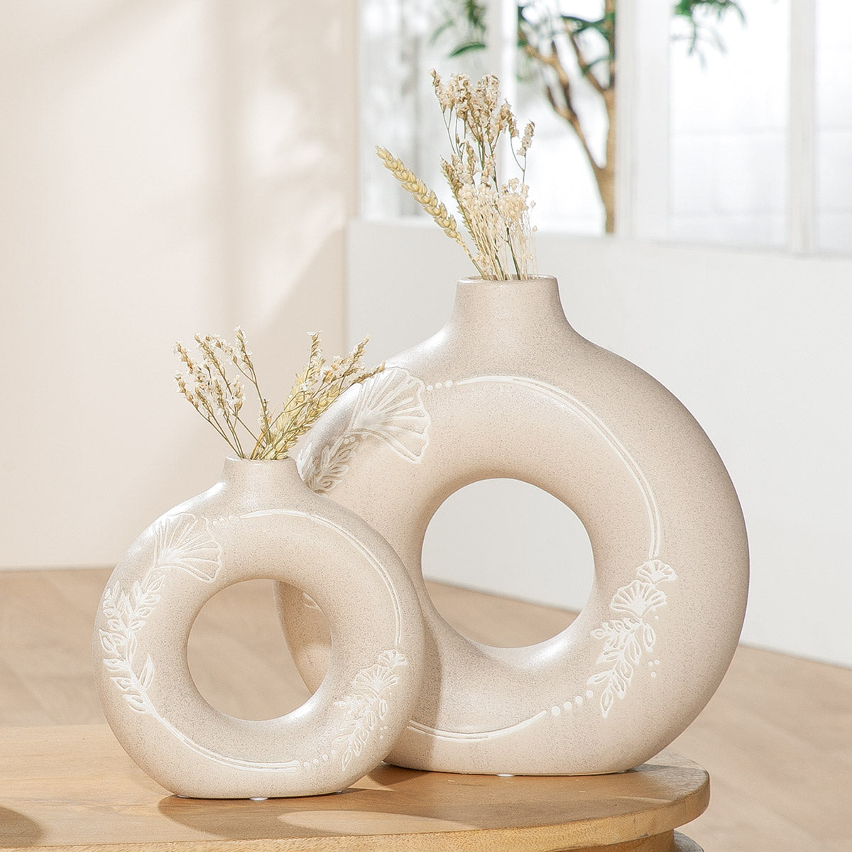 Ginkgokranz Ronde Vaas Beige 18 cm