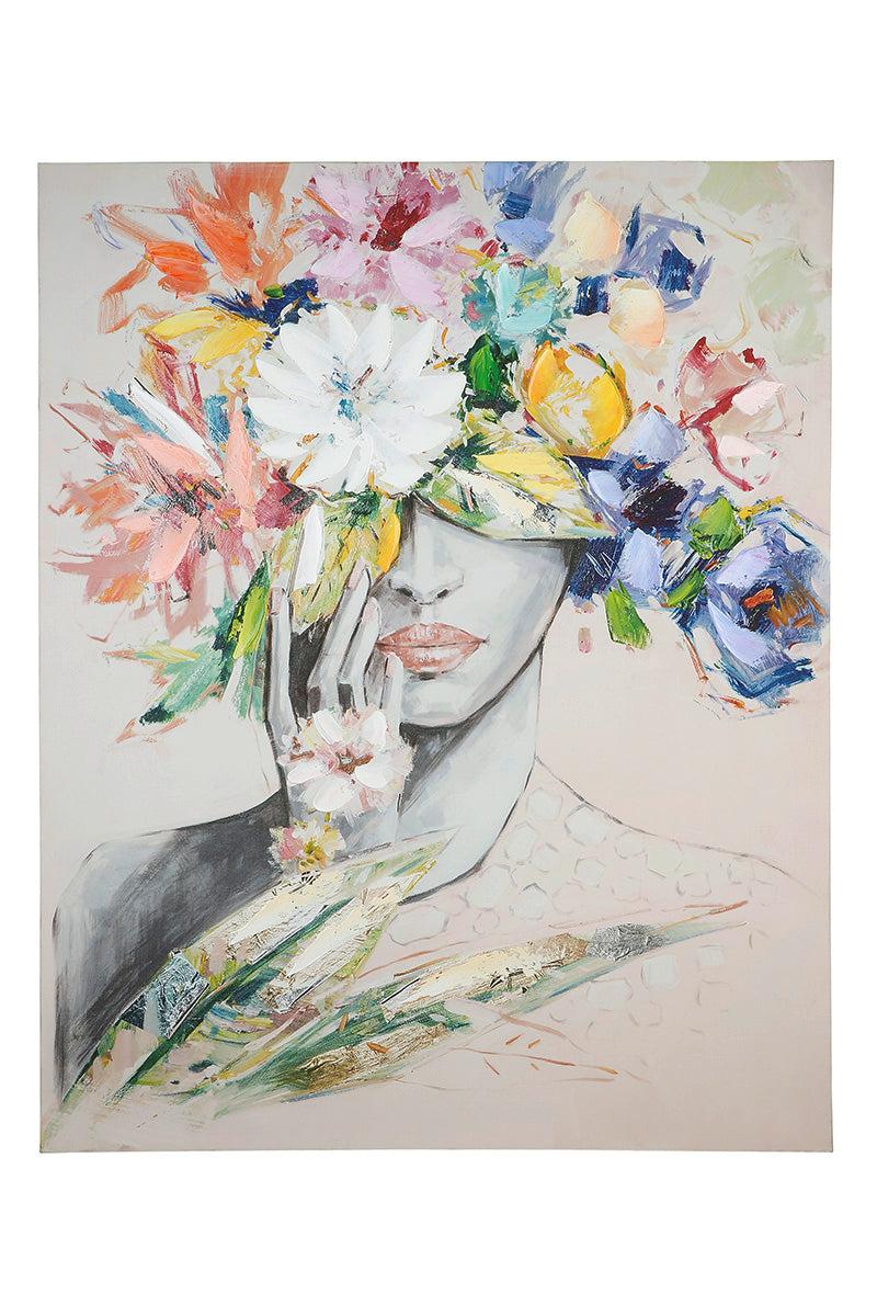 Frau mit Blumenhut schilderij 100 cm