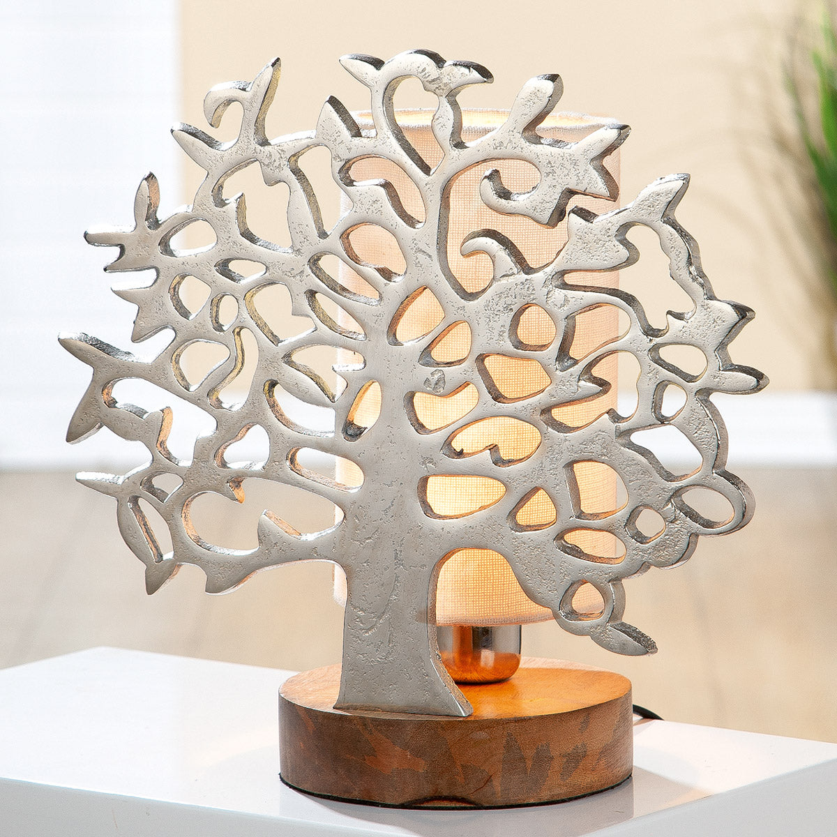 Levensboom Tafellamp Aluminium Hout