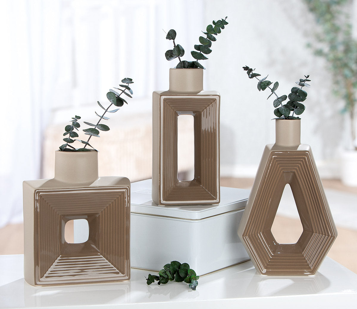 Graphic Vaas Set Bruin Keramiek