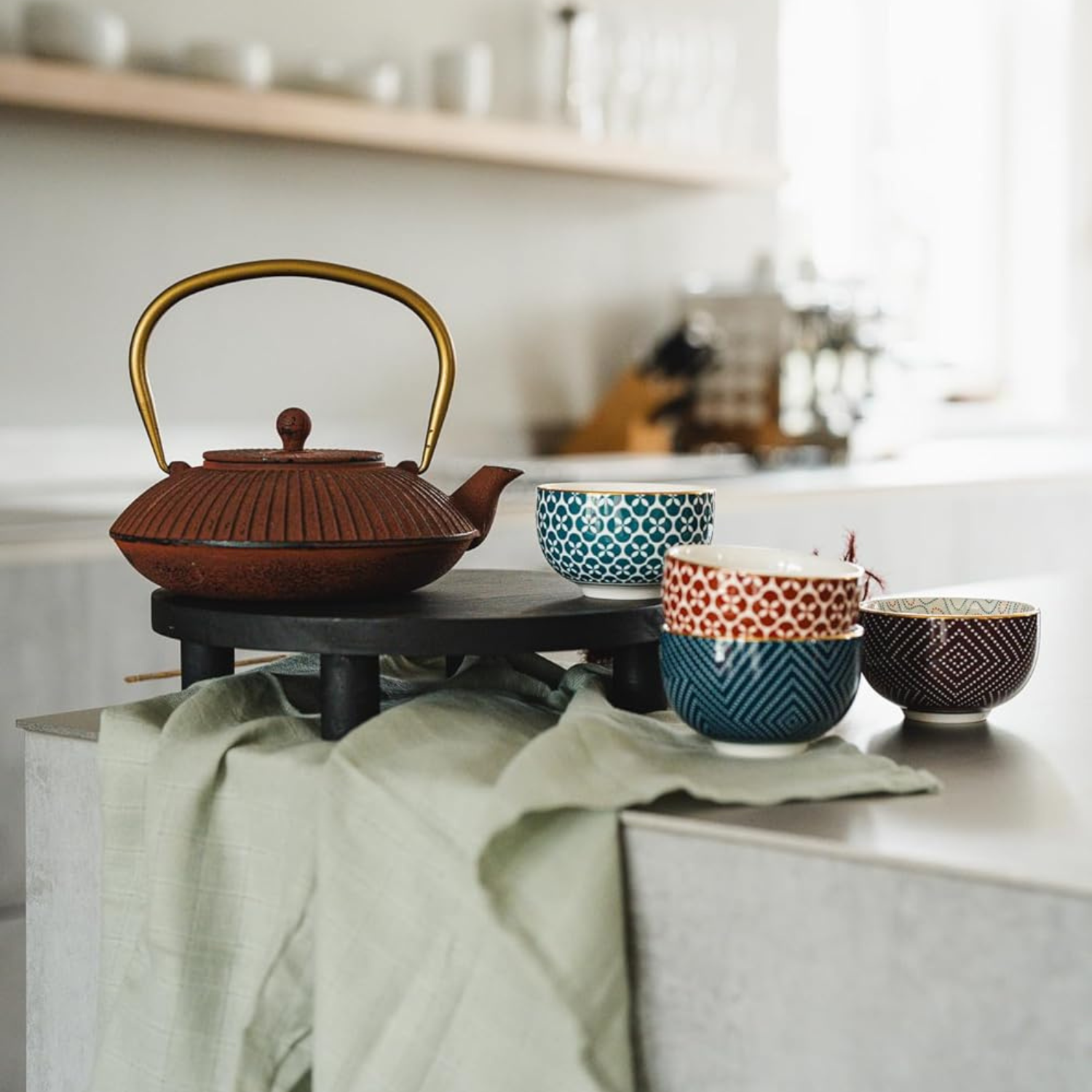 Bredemeijer Tea Bowls Pucheng 4- Set Porcelain petrol/red