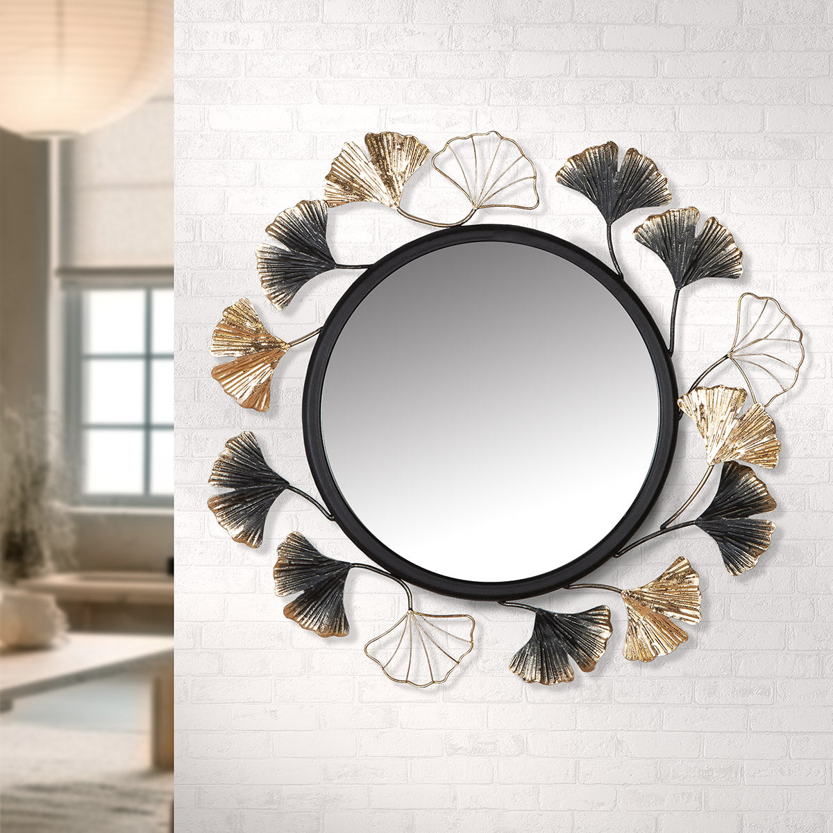 Ginkgo ronde spiegel zwart-goud 47 cm