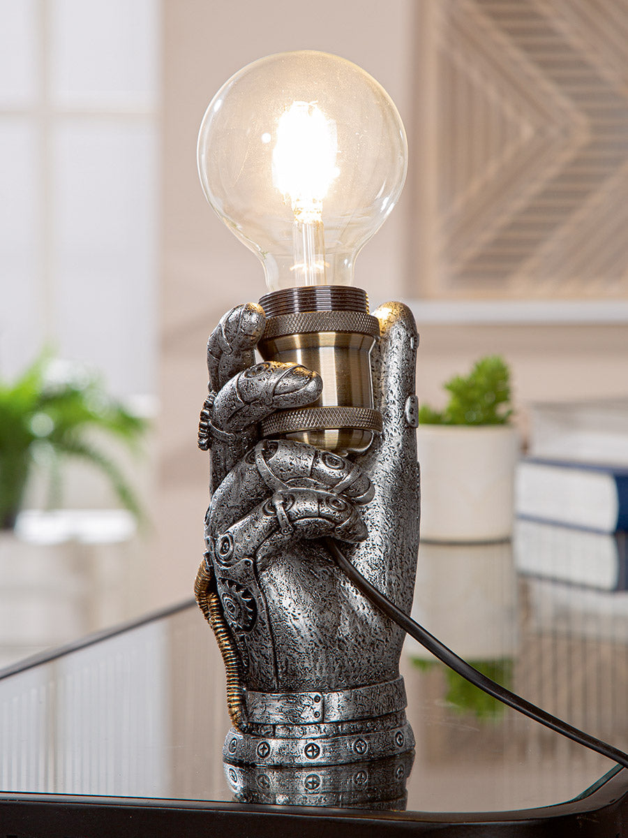 Steampunk Hand LED Tafellamp Zilver