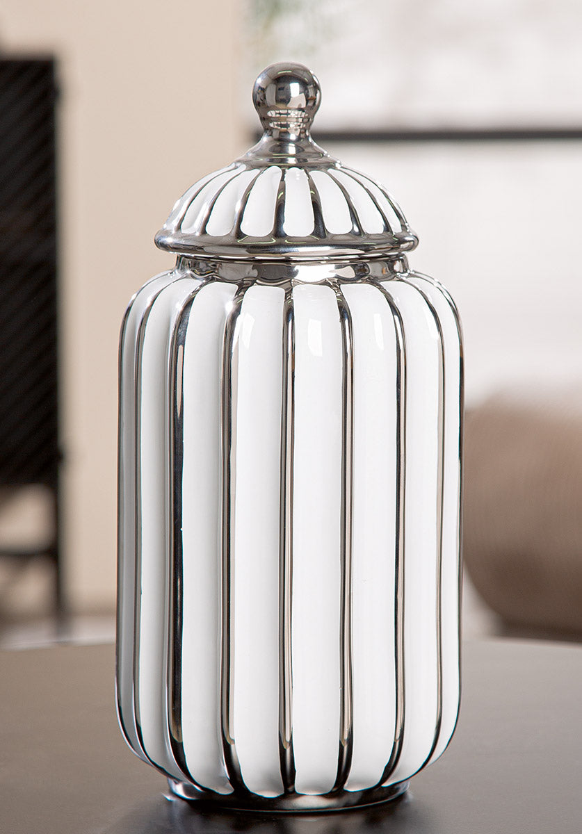 Stripes Dekselvaas Wit-Zilver 28.5 cm