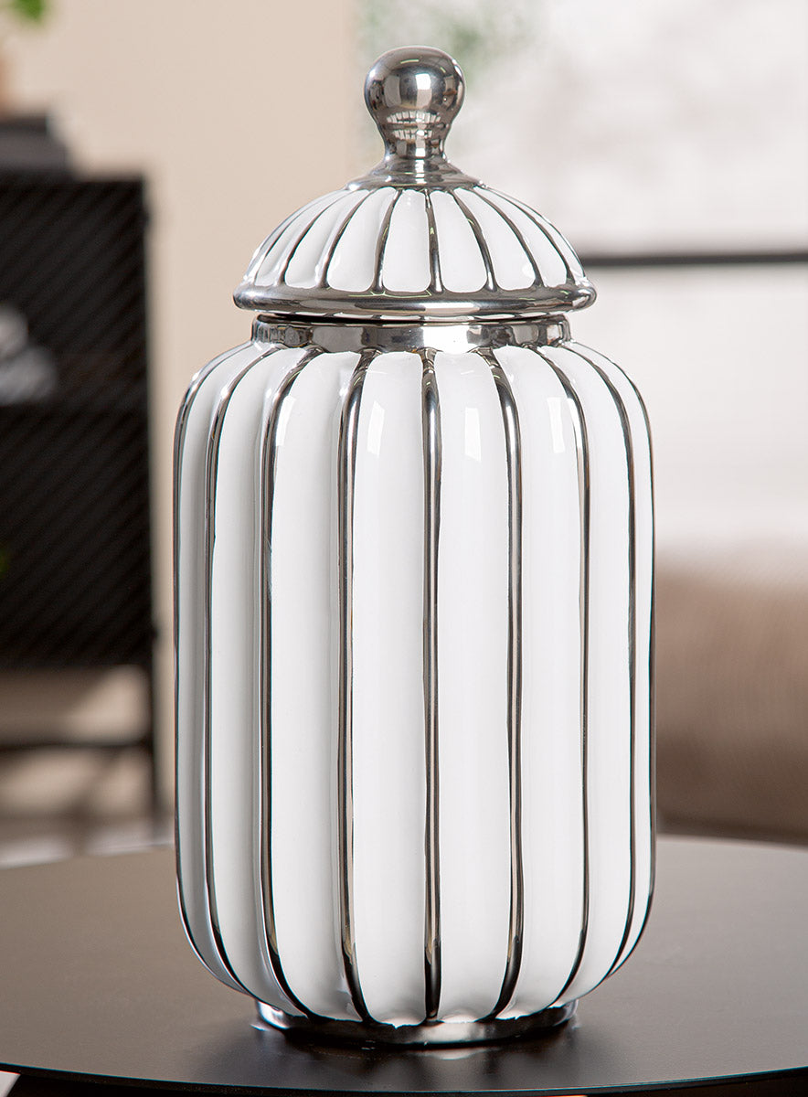 Stripes Dekselvaas Wit-Zilver 33.5 cm
