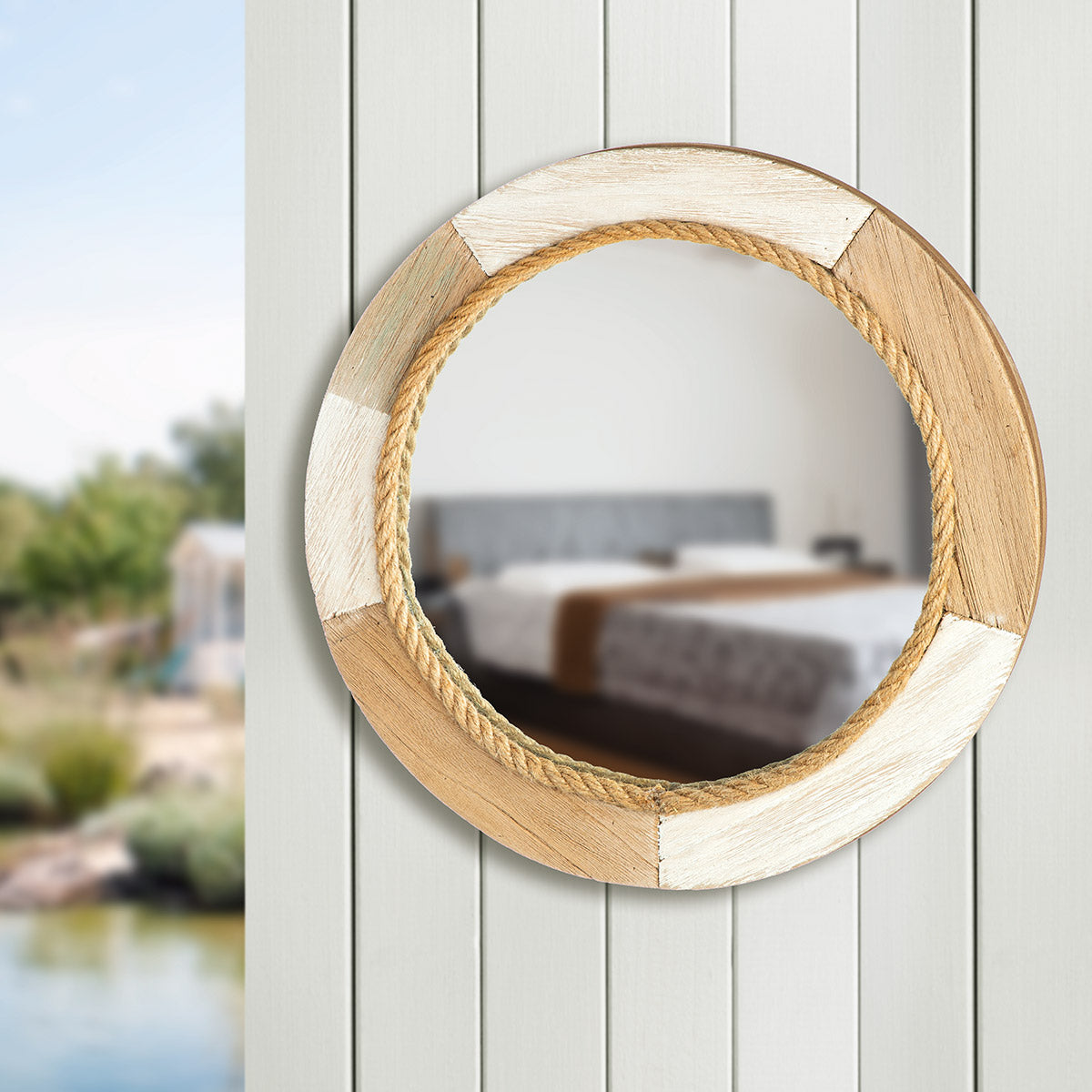Ronde houten spiegel naturel 39 cm