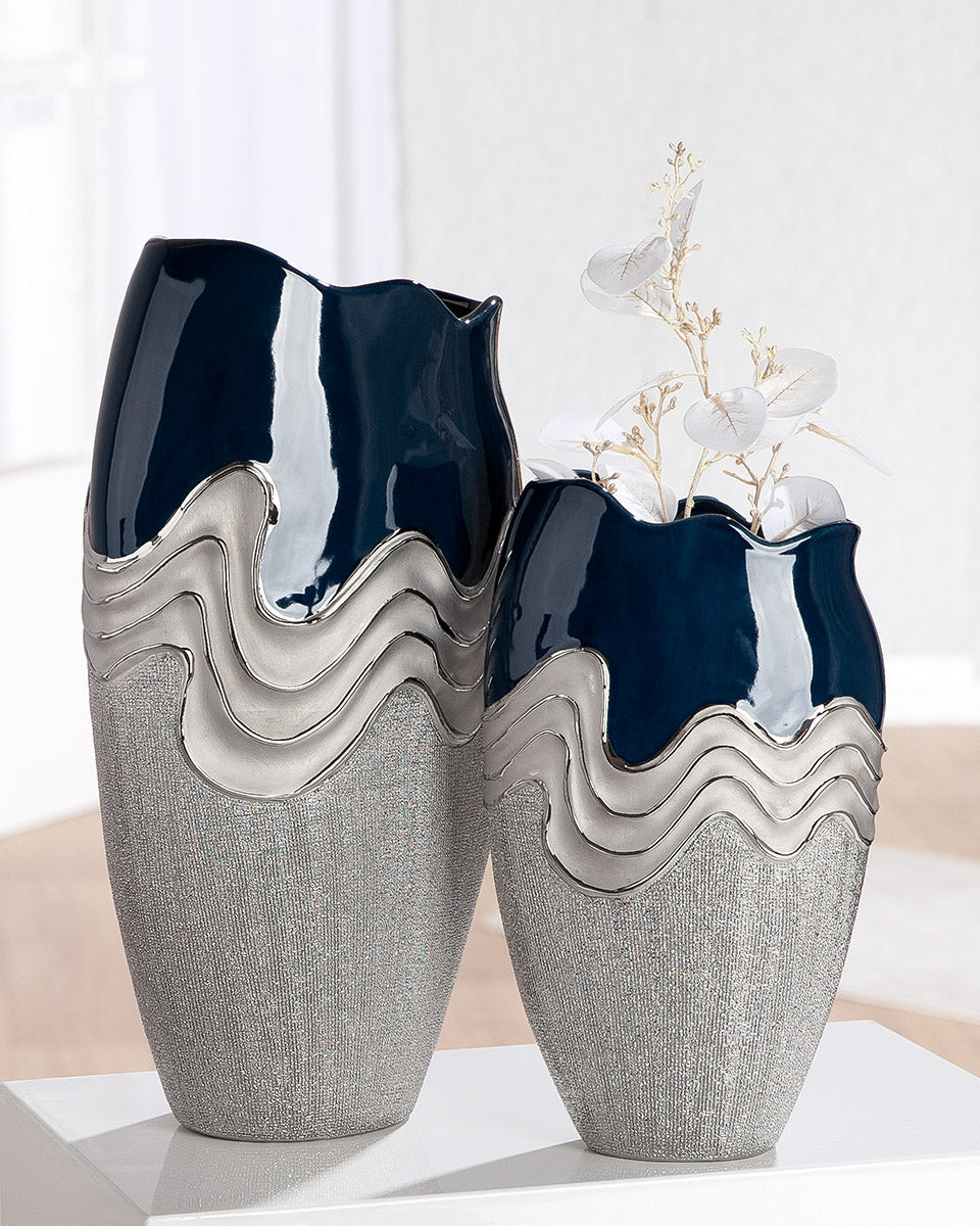 Wavy Conische Vaas Blauw Zilver