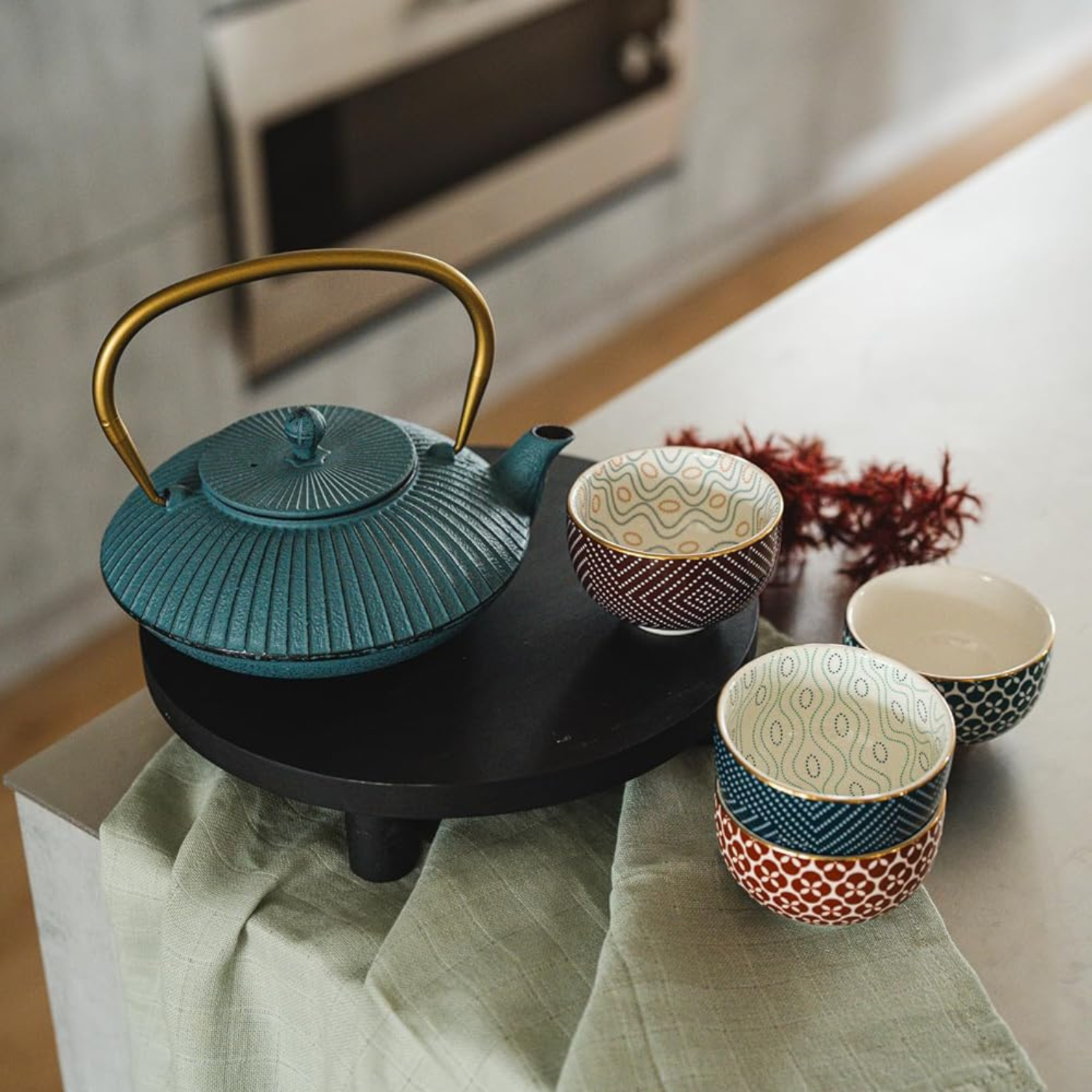 Bredemeijer Tea Bowls Pucheng 4- Set Porcelain petrol/red