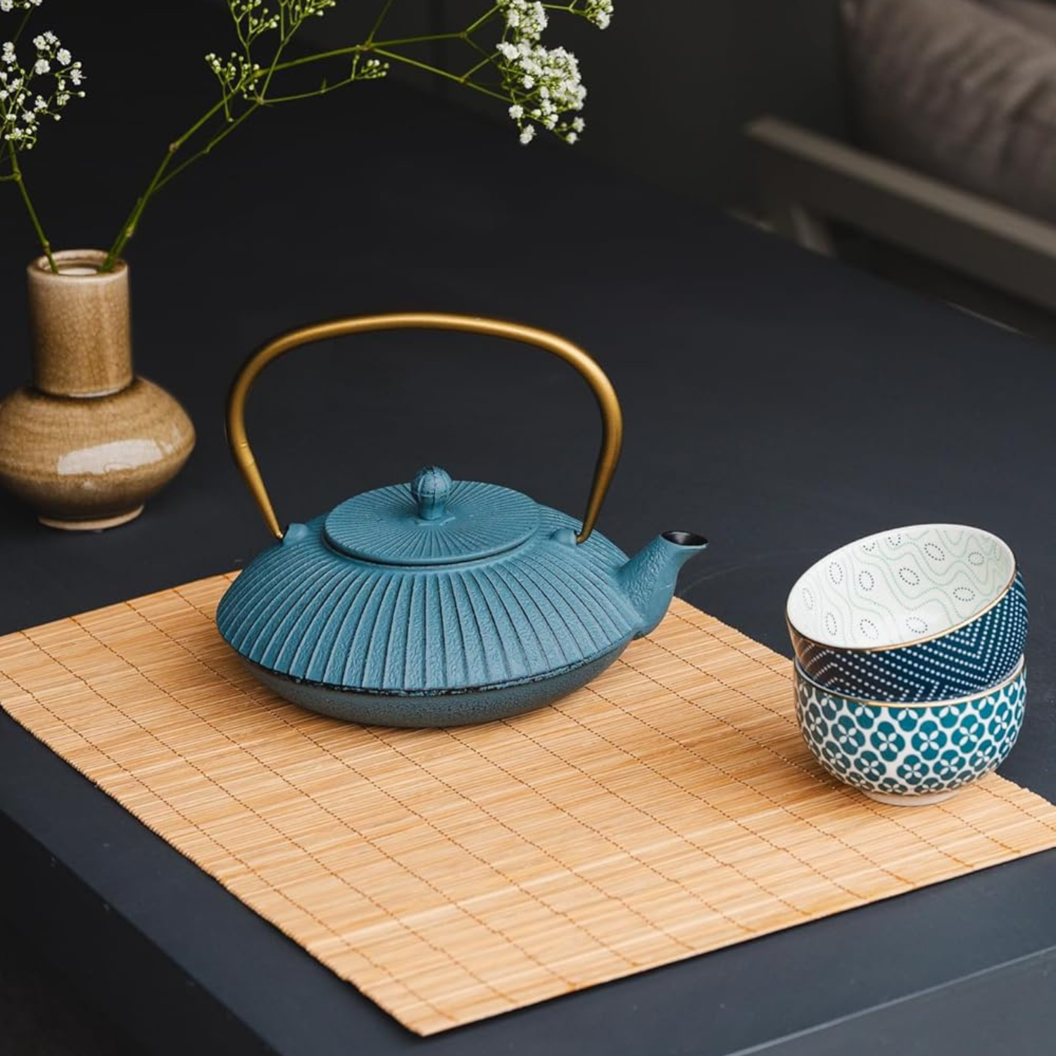 Bredemeijer Tea Bowls Pucheng 4- Set Porcelain petrol/red