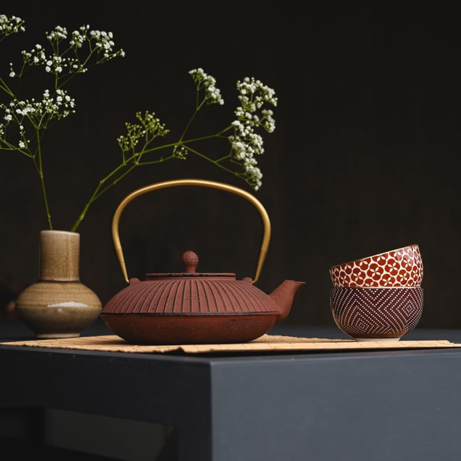 Bredemeijer Tea Bowls Pucheng 4- Set Porcelain petrol/red